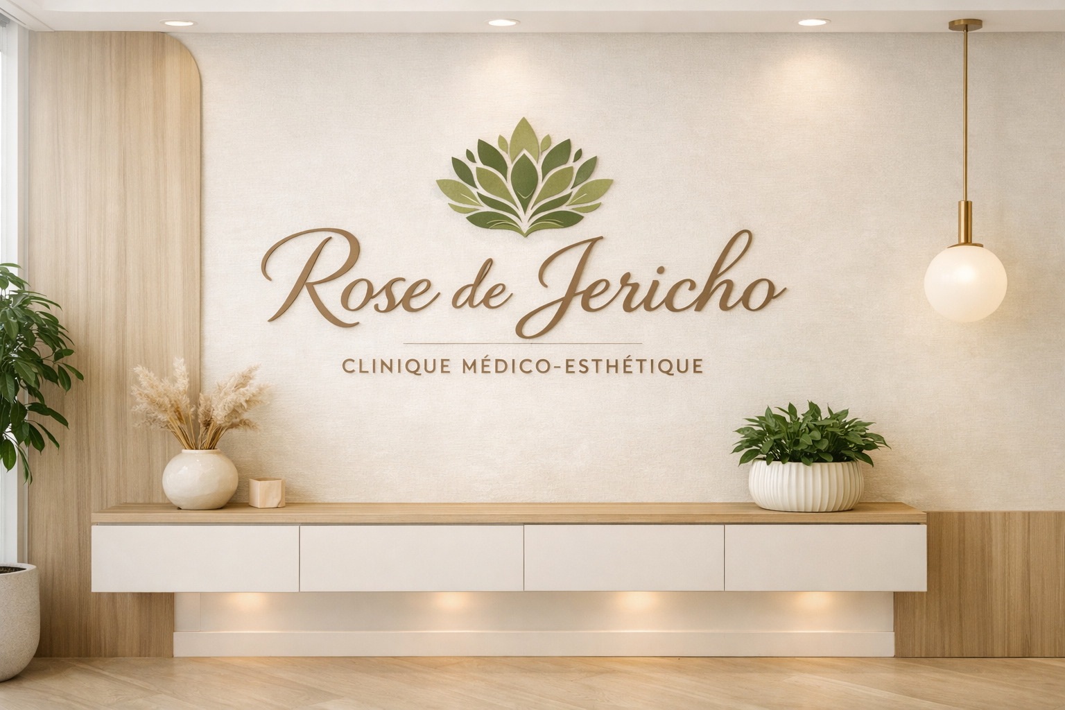 Réception de la clinique : mur signature avec le logo Rose de Jericho, comptoir en bois clair, plantes et lumière douce